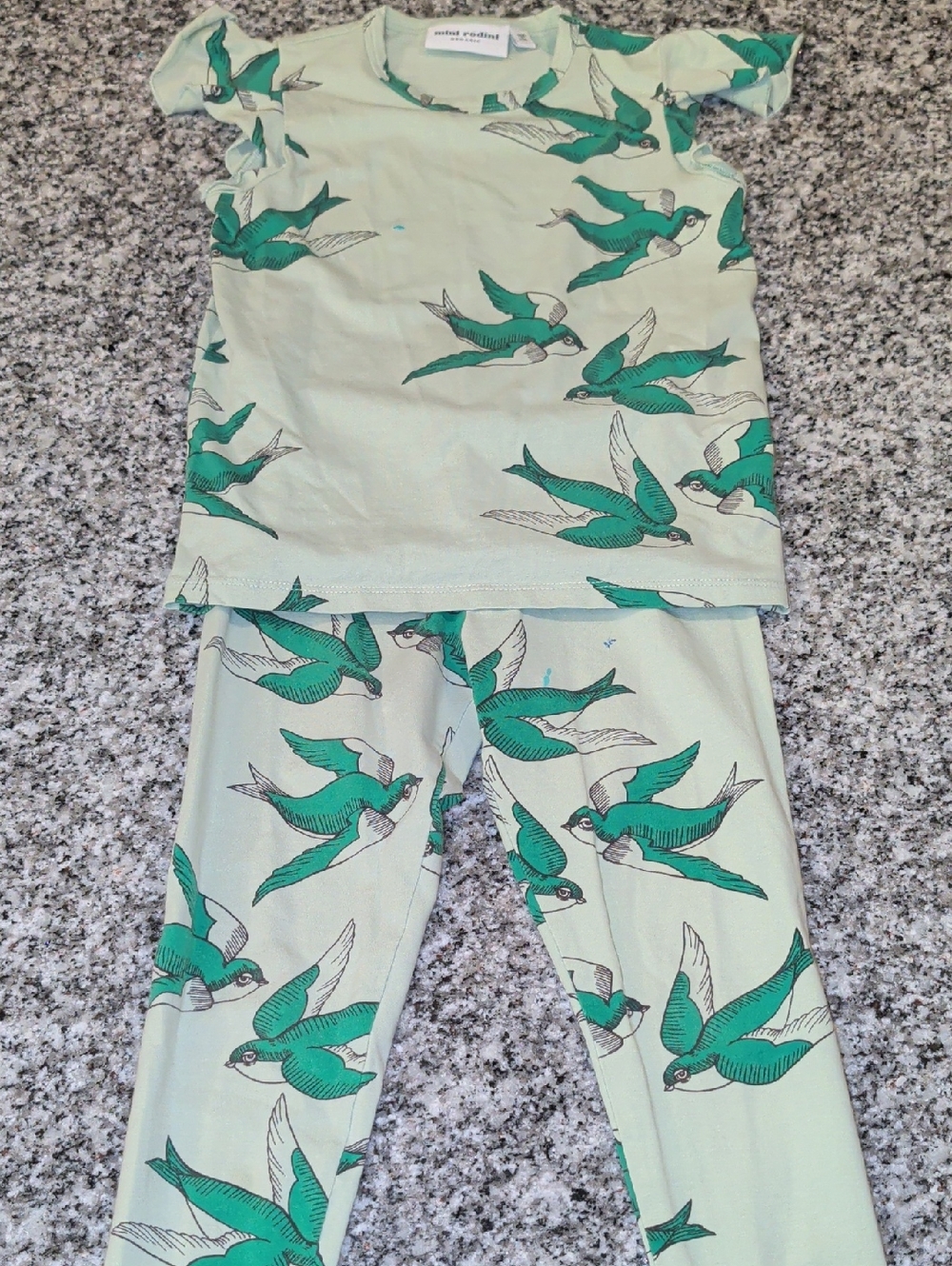 Mini Rodini Mint Pajama Set with Green Bird Print